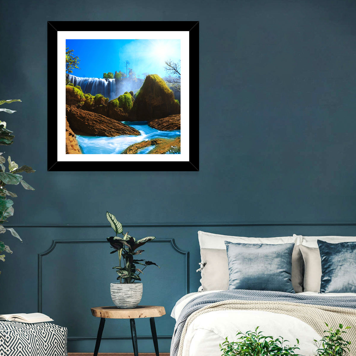 Sunlit Turquoise Waterfall Wall Art in a room, square