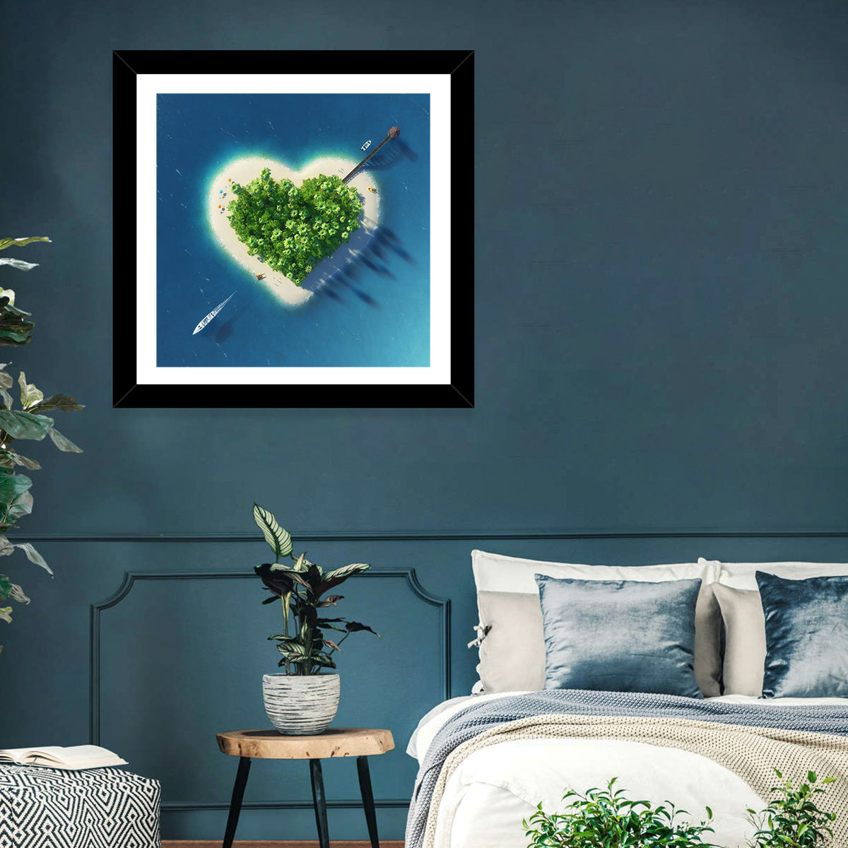 Heart-shaped Island Aerial Wall Art in a room, square