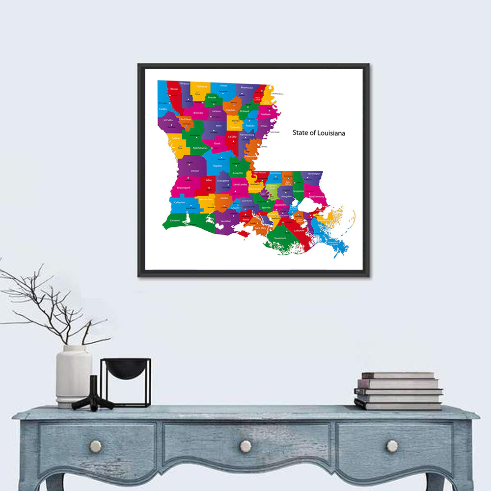 Colorful Louisiana Parish Map Wall Art in a room, square