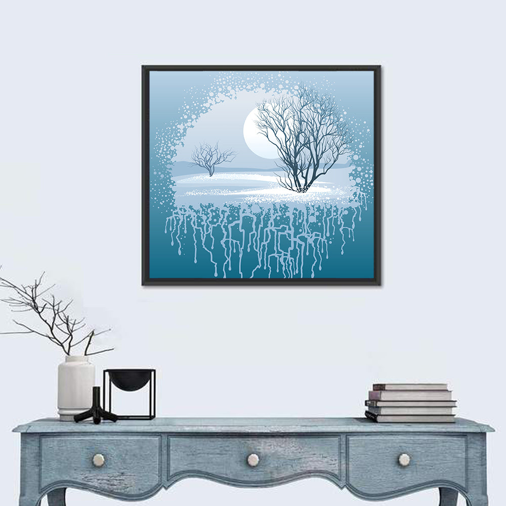 Moonlit Winter Tree Illustration Wall Art in a room, square