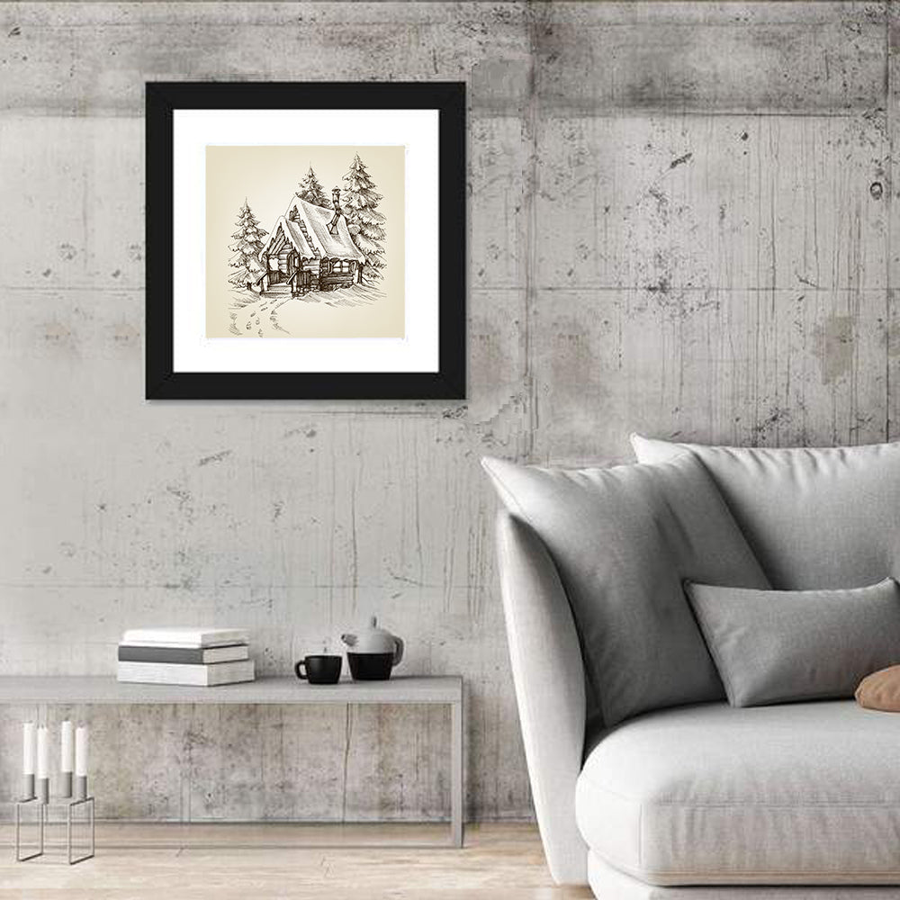 Snowy Log Cabin Illustration Wall Art