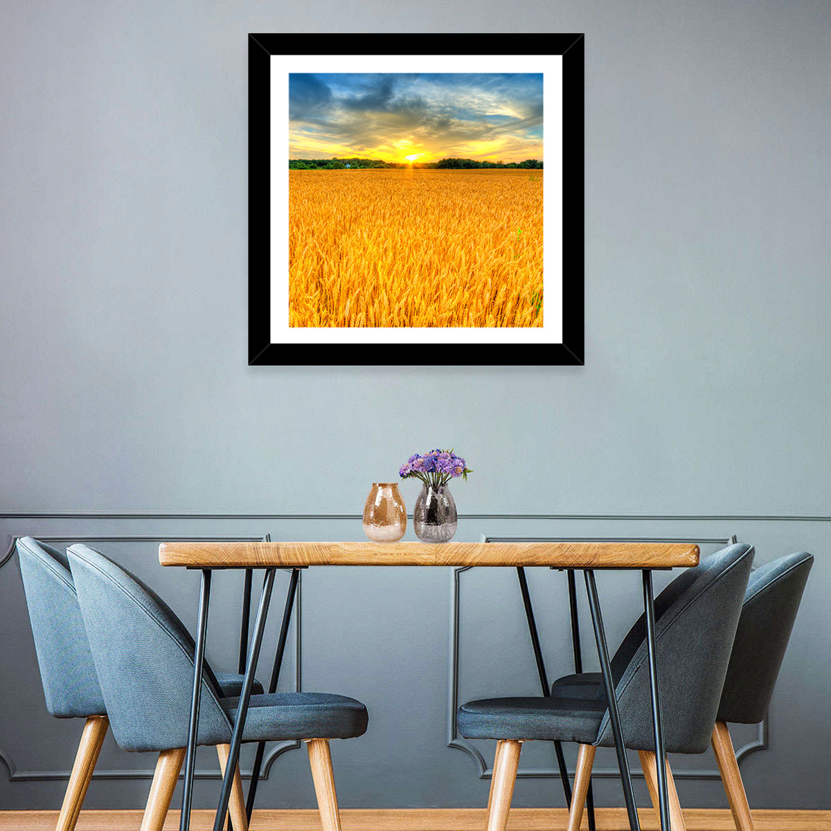 Wheat Field Sunset Wall Art in a room, square