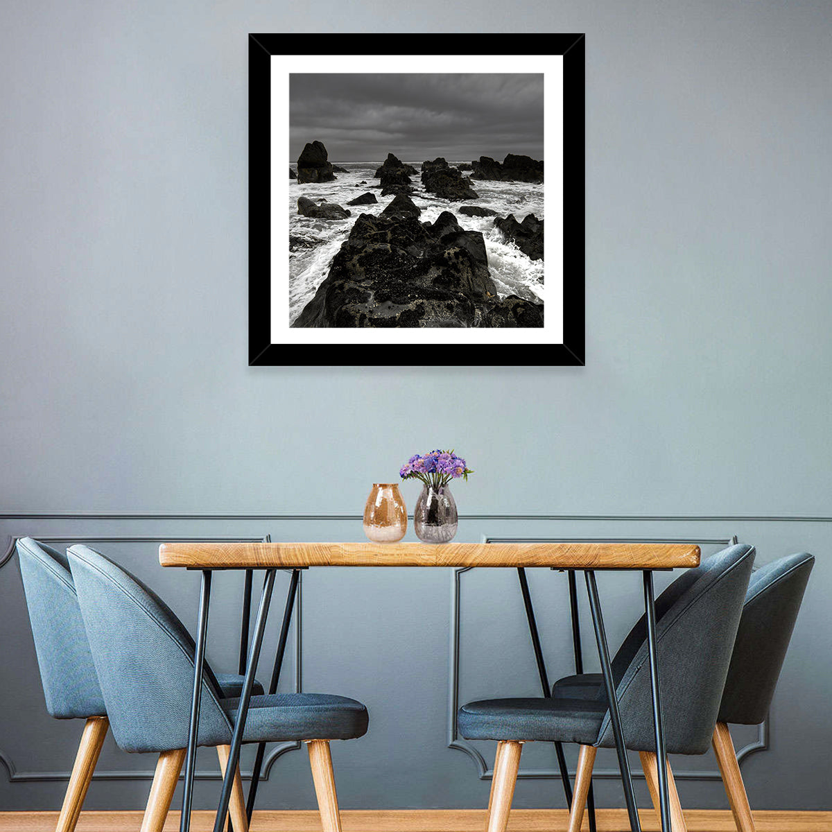 Moody Black and White Rocky Coast Waves Wall Art in a room, square