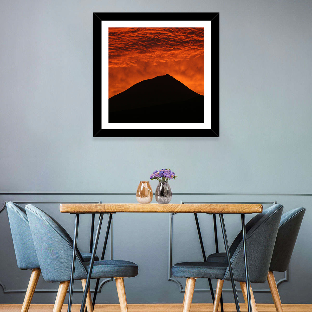 Pico Island Volcano Silhouette at Sunset Wall Art in a room, square