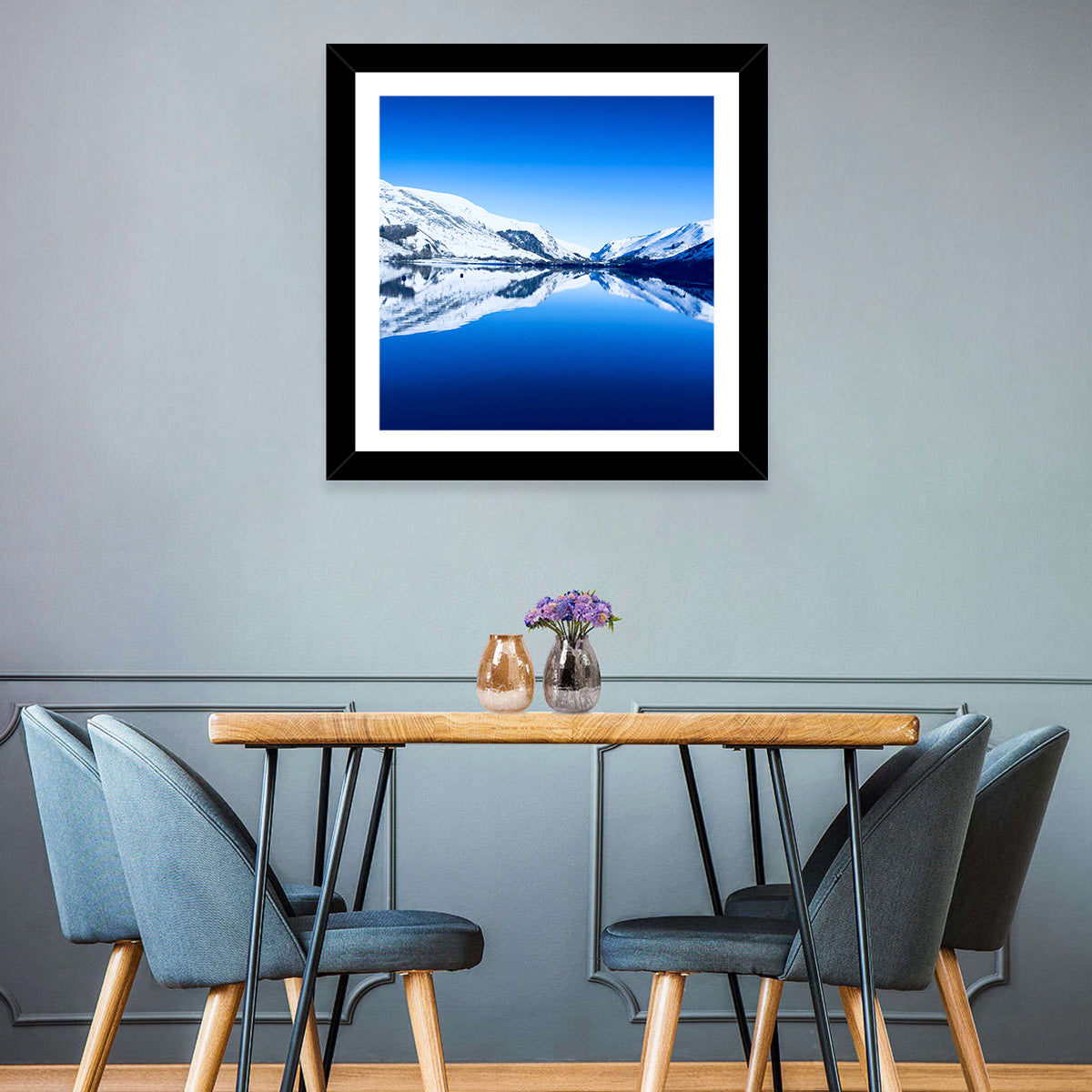 Tal Y Llyn Winter Reflection Wall Art in a room, square