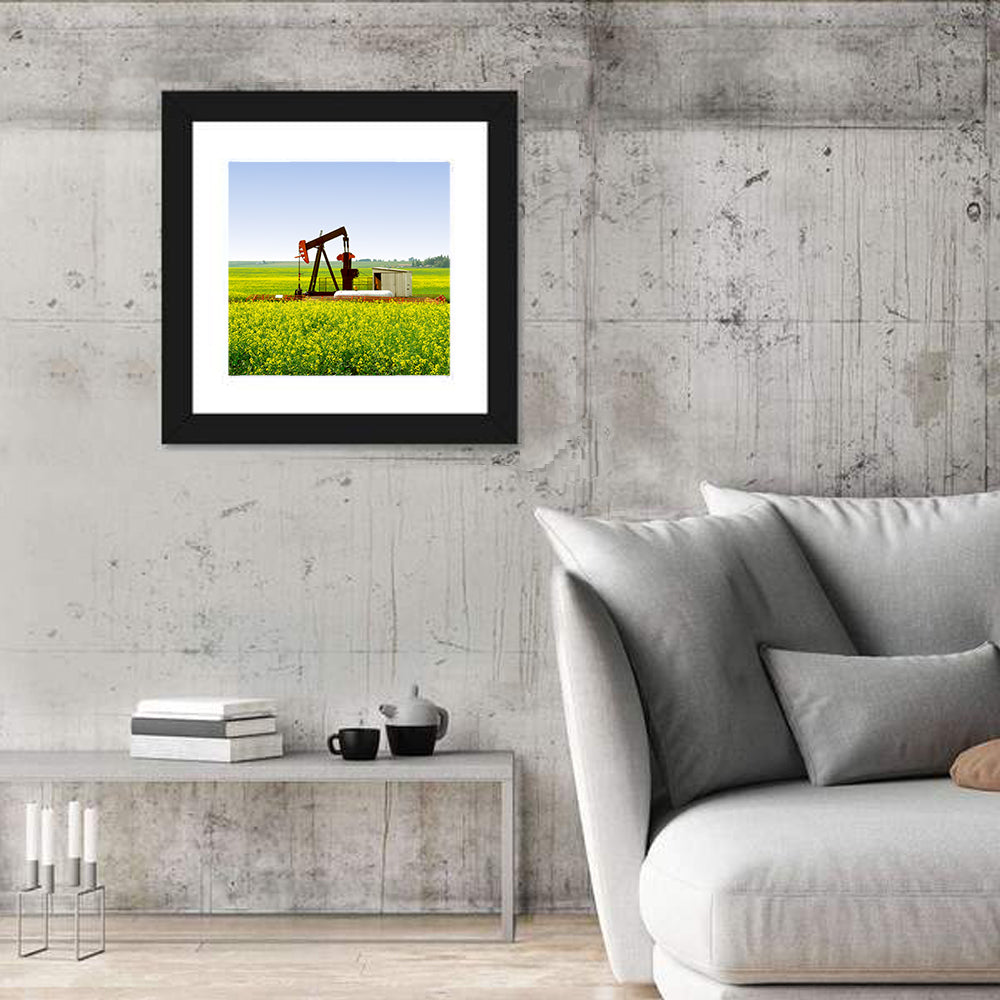 Rusty Pumpjack in Yellow Canola Field Wall Art in a room, square