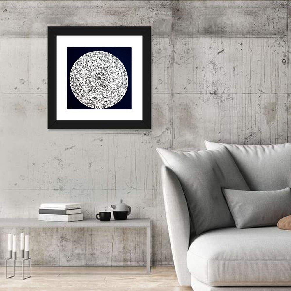 Navy Ornamental Mandala Wall Art in a room, square