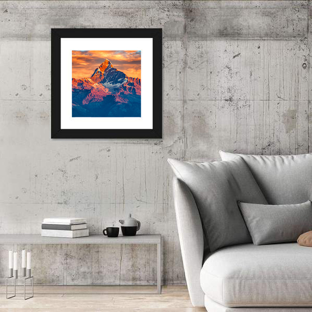 Machhapuchhre Sunrise Over Pokhara Wall Art in a room, square