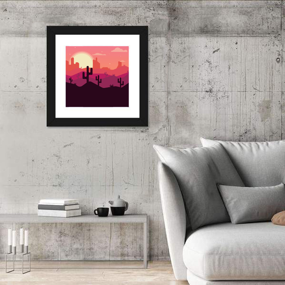 Desert Sunset with Saguaro Silhouettes Wall Art in a room, square