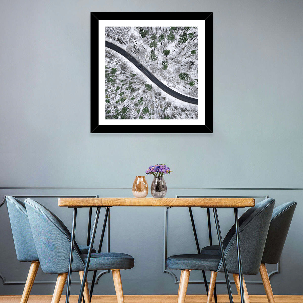 Snowy Forest Road Wall Art in a room, square