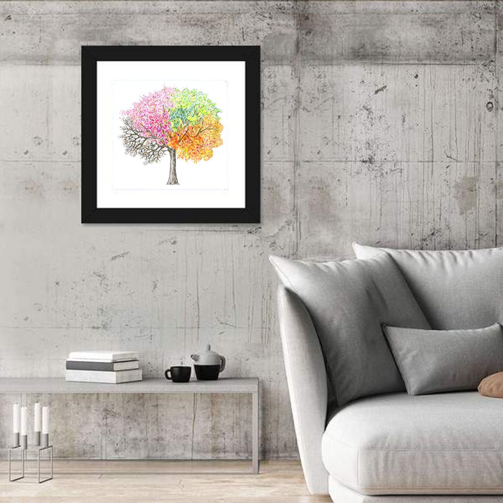 Four Seasons Tree Illustration Wall Art in a room, square
