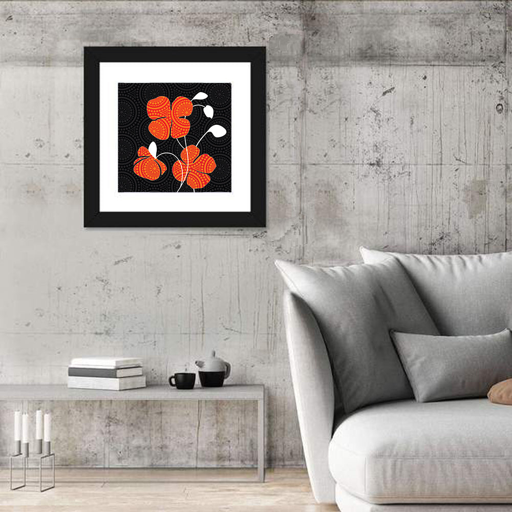 Black and Orange Poppy Illustration Wall Art in a room, square