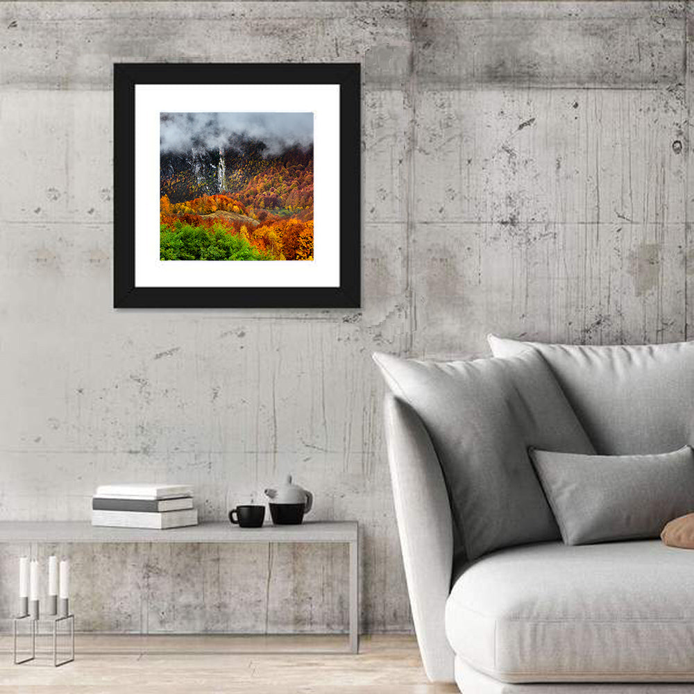 Misty Carpathian Autumn Wall Art in a room, square