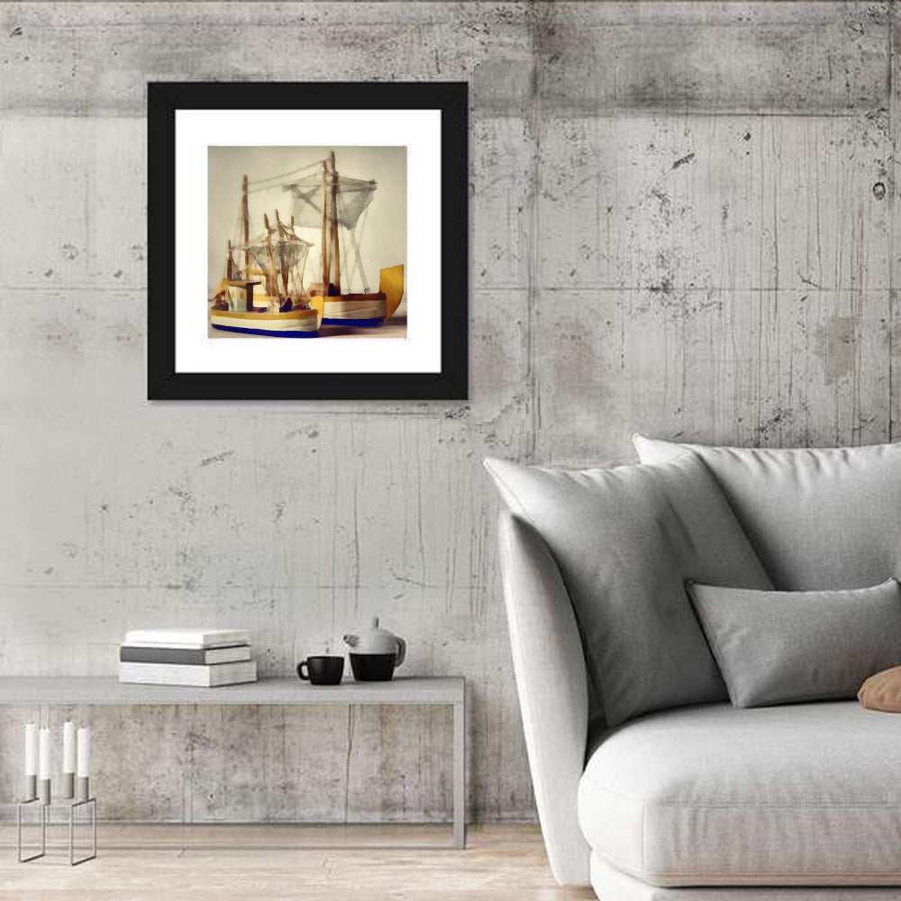 Two Watercolor Boats Wall Art in a room, square