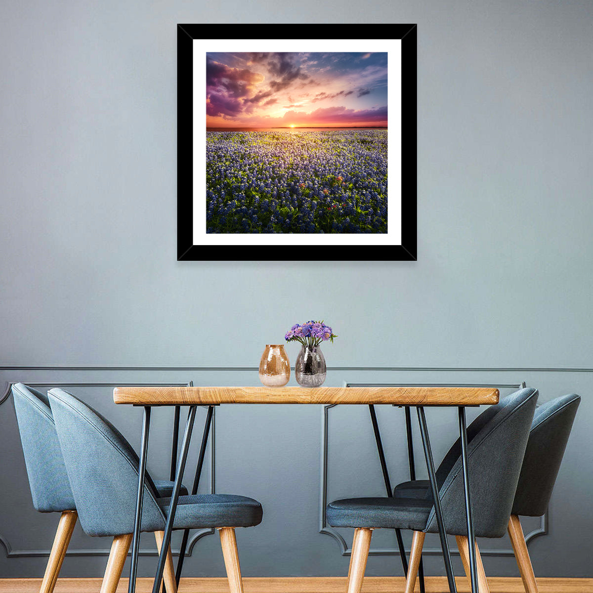 Texas Bluebonnet Sunset Wall Art in a room, square