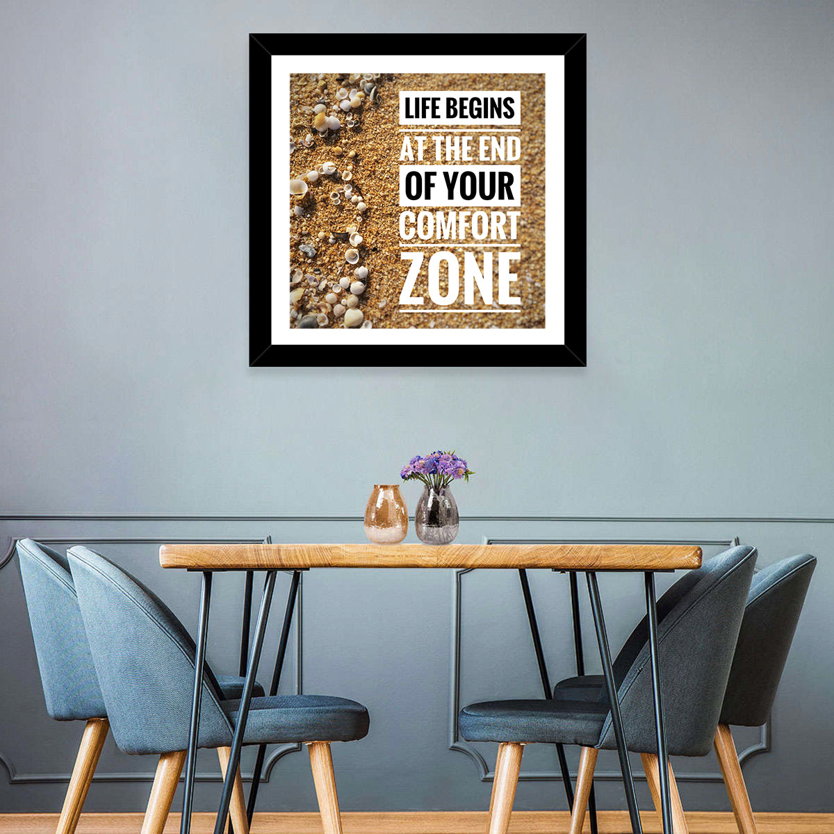 Life Begins at the End Quote Wall Art in a room, square