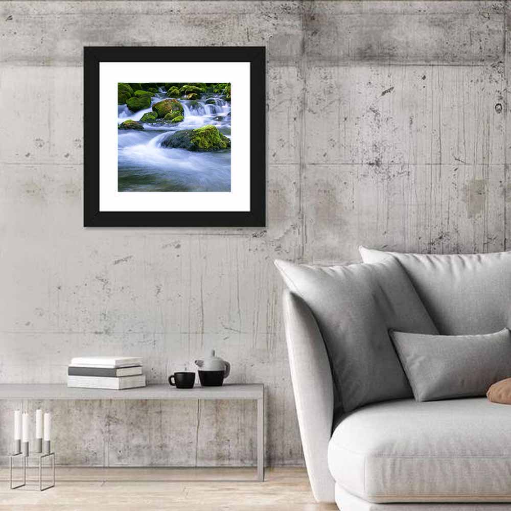 Mossy Forest Stream Wall Art in a room, square