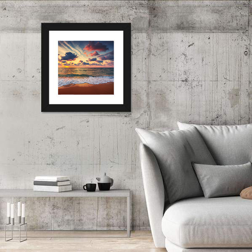 Golden Hour Beach Waves Under Cloudy Sky Wall Art in a room, square