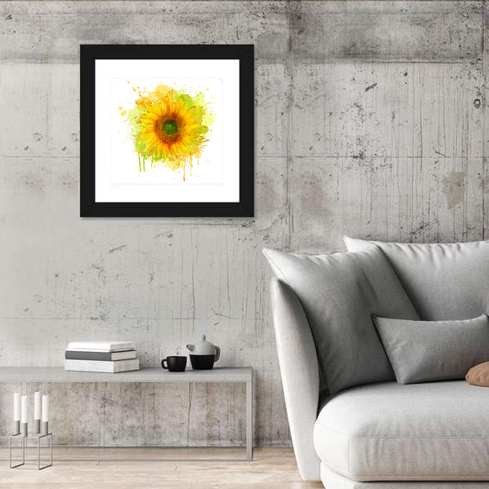 Watercolor Sunflower Wall Art in a room, square