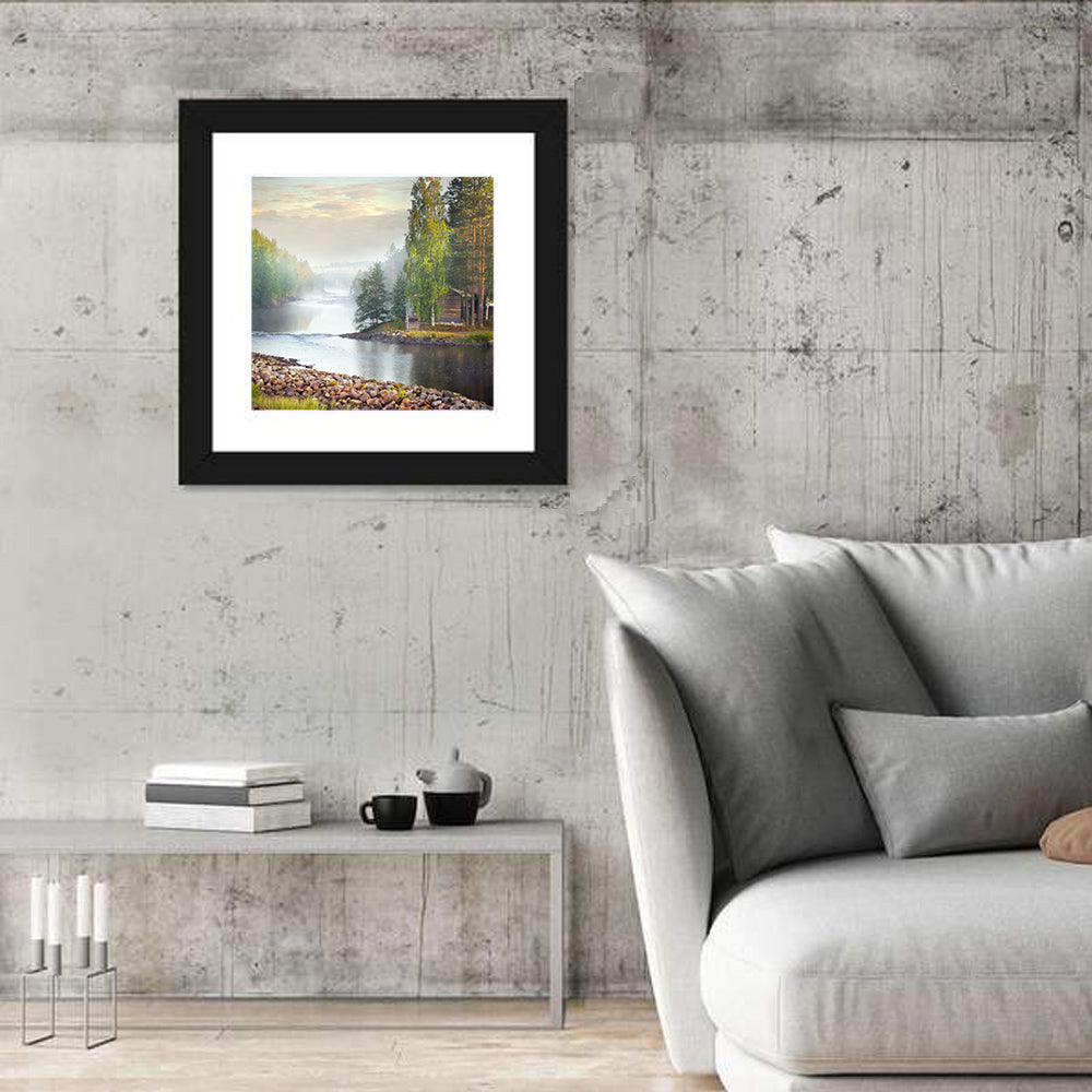 Misty River with Red Roof Cabin Wall Art in a room, square