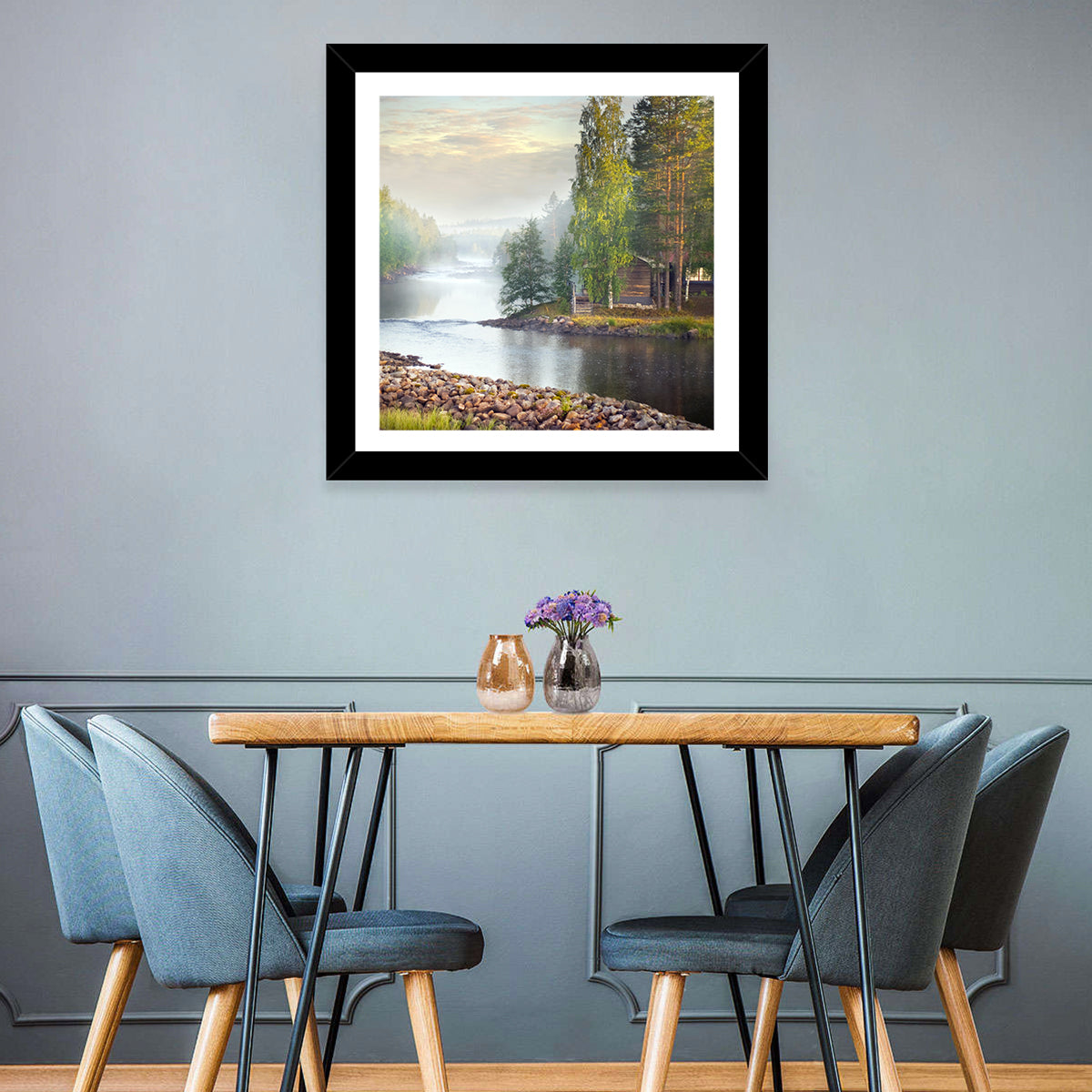 Misty River with Red Roof Cabin Wall Art in a room, square
