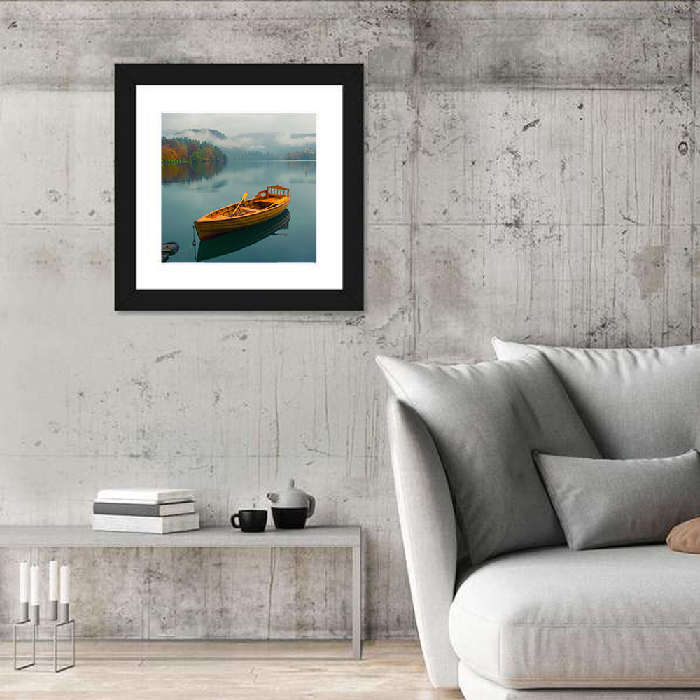 Tethered Boat on Lake Bled Wall Art in a room, square