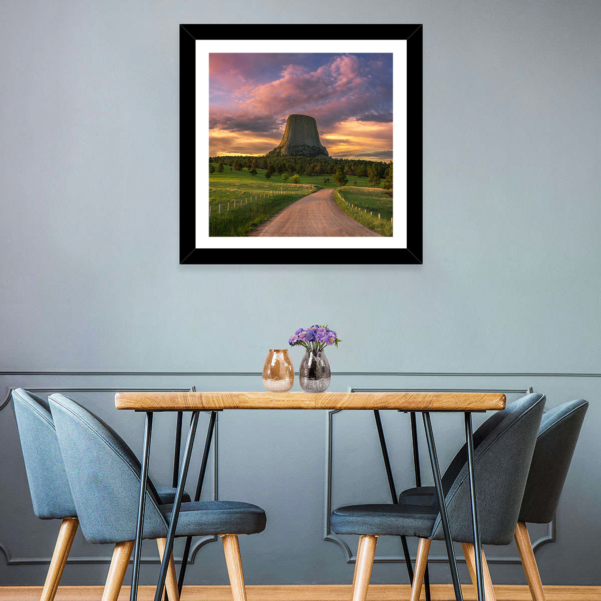 Devils Tower at Sunset Wall Art in a room, square