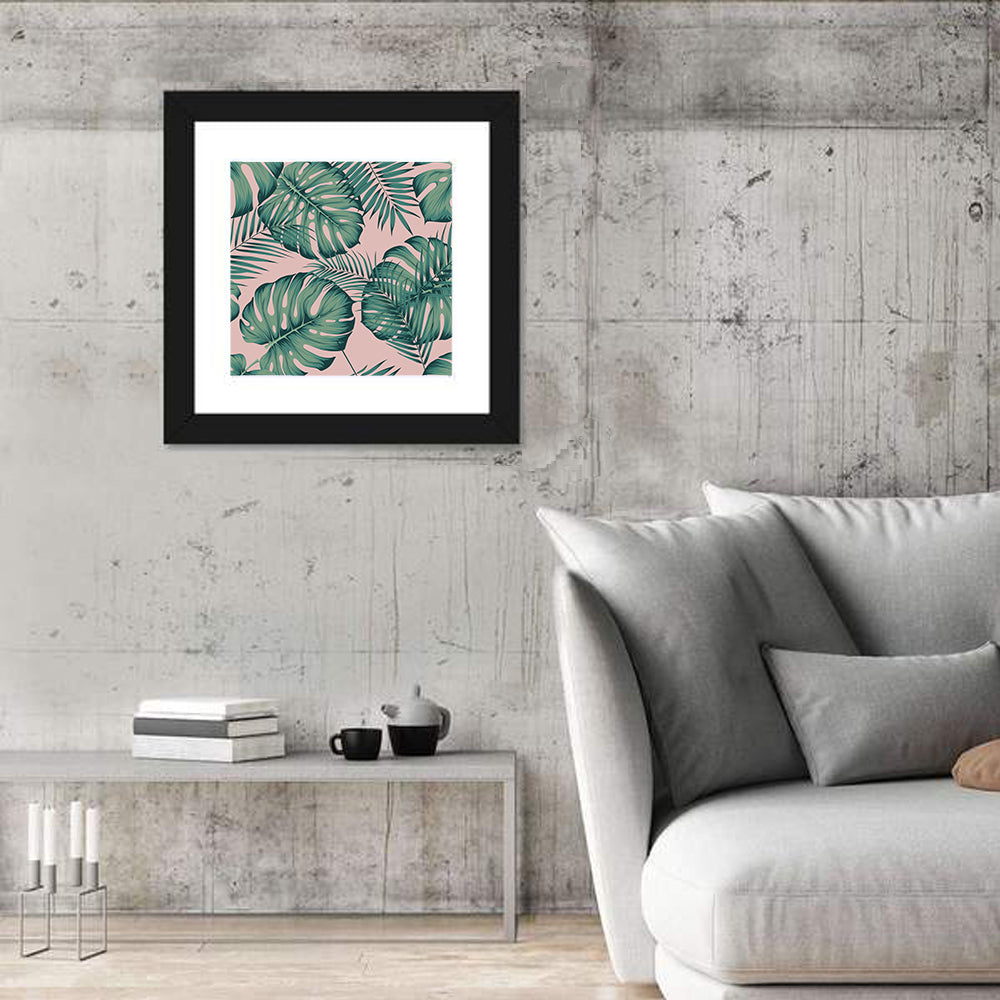 Areca Palm and Monstera Leaves Wall Art in a room, square