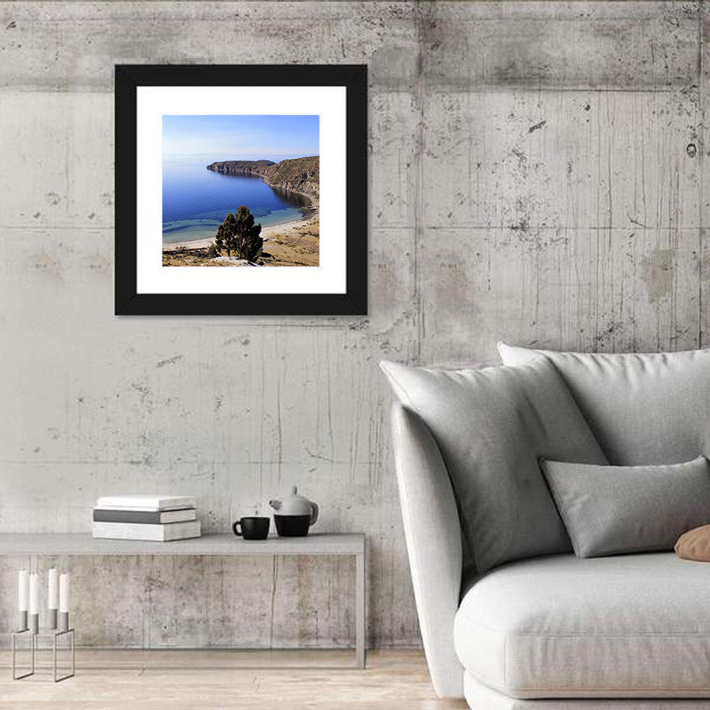 Titicaca Cliffs and Turquoise Water Wall Art in a room, square