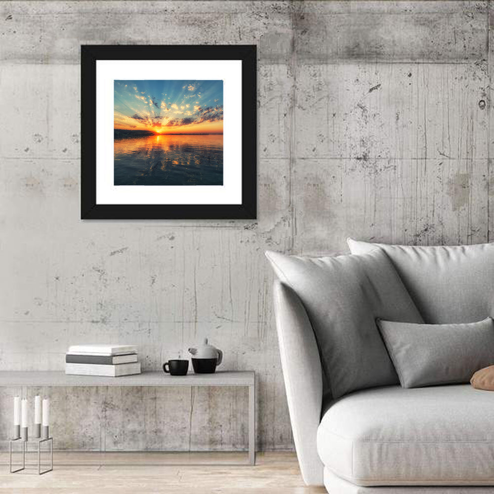 Sunburst Over River Wall Art in a room, square