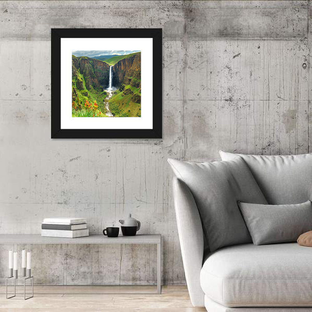 Maletsunyane Falls with Torch Lilies Wall Art in a room, square