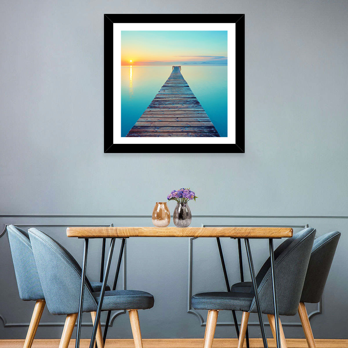 Wooden Footbridge at Sunset Wall Art in a room, square
