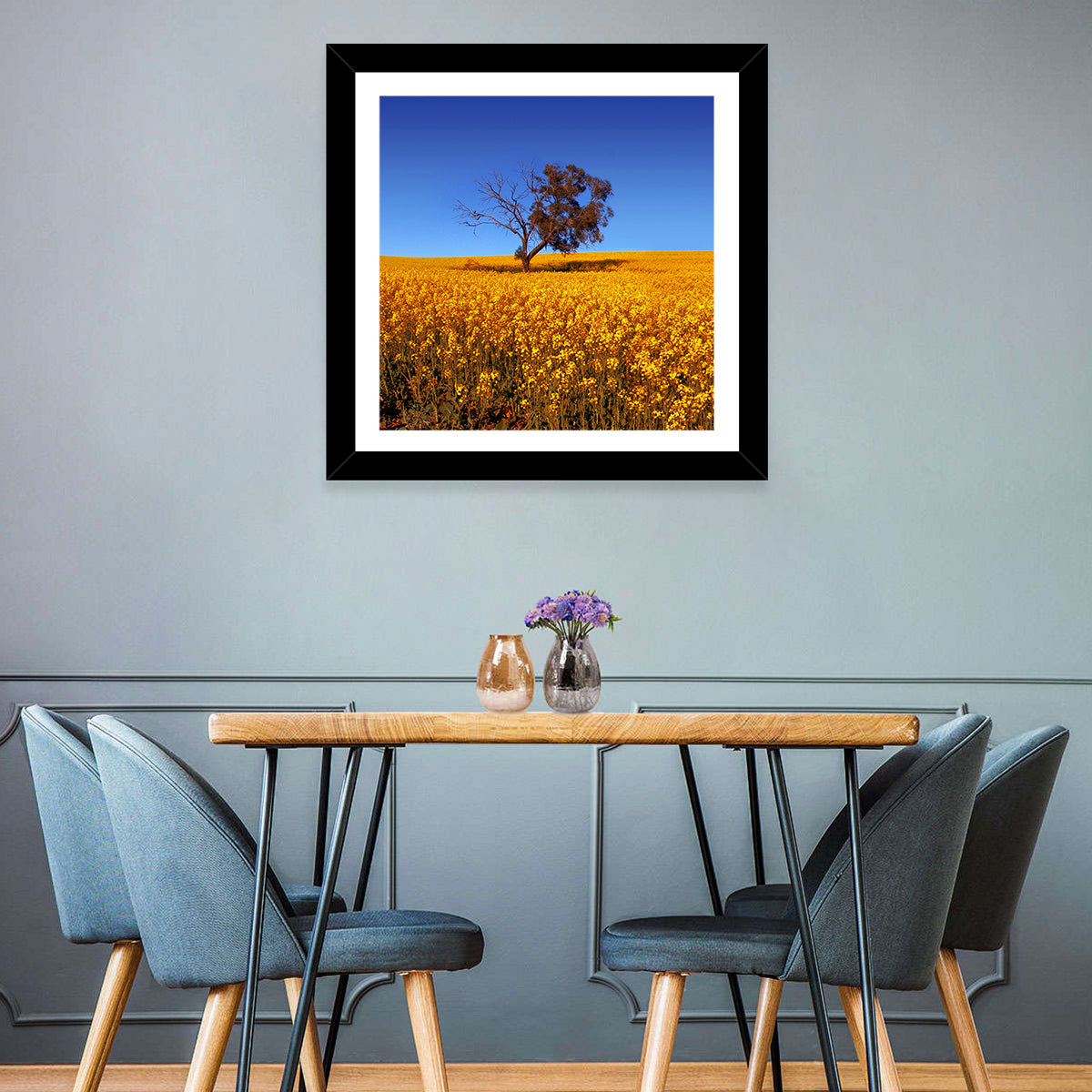 Canola Field with Lone Tree Wall Art in a room, square