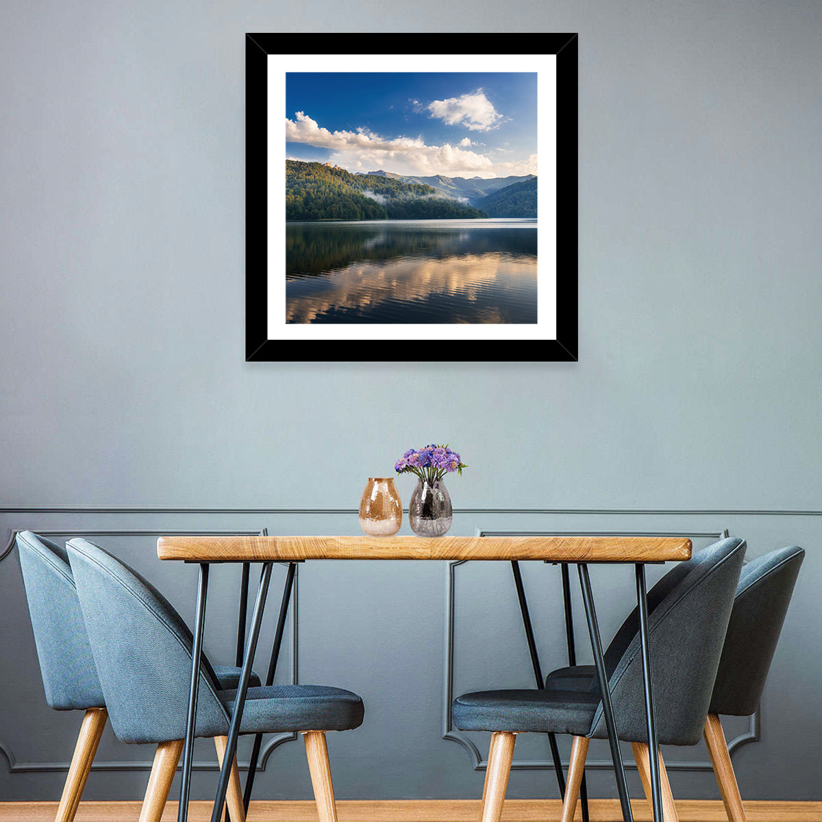 Golden Mist Mountain Lake Wall Art in a room, square