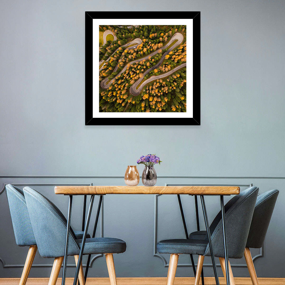 Aerial Curvy Forest Road Wall Art in a room, square