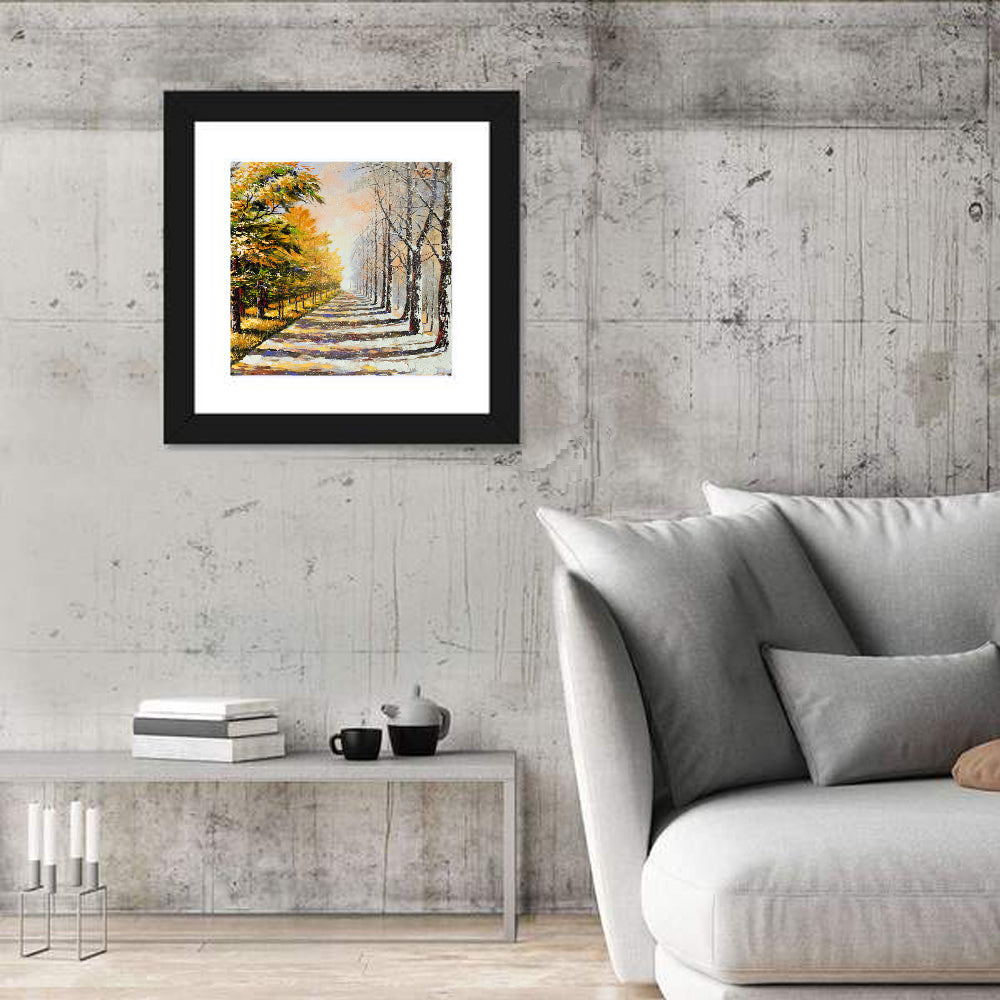 Autumn to Winter Forest Path Wall Art in a room, square