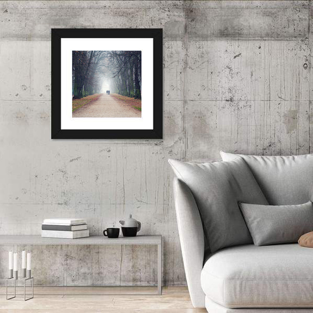 Foggy Tree Lined Walkway in Autumn Wall Art in a room, square