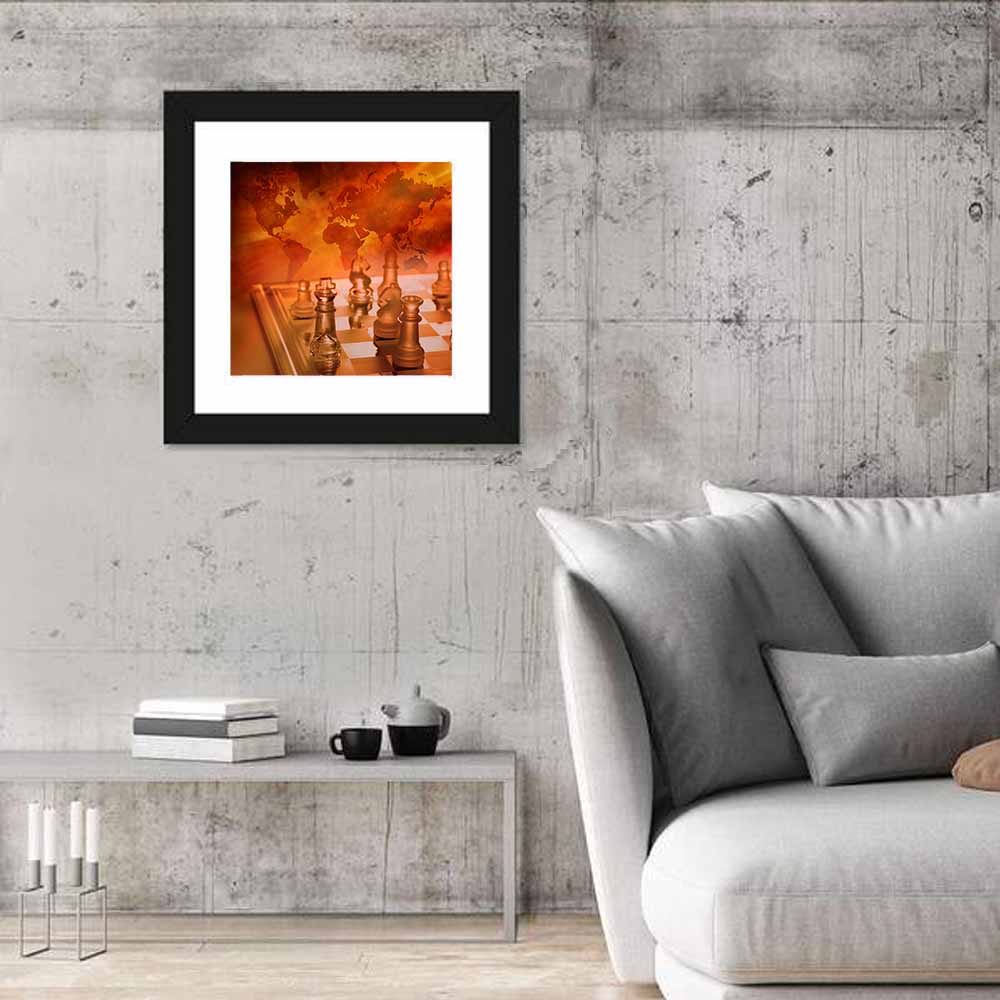Chess with Faded World Map Wall Art in a room, square