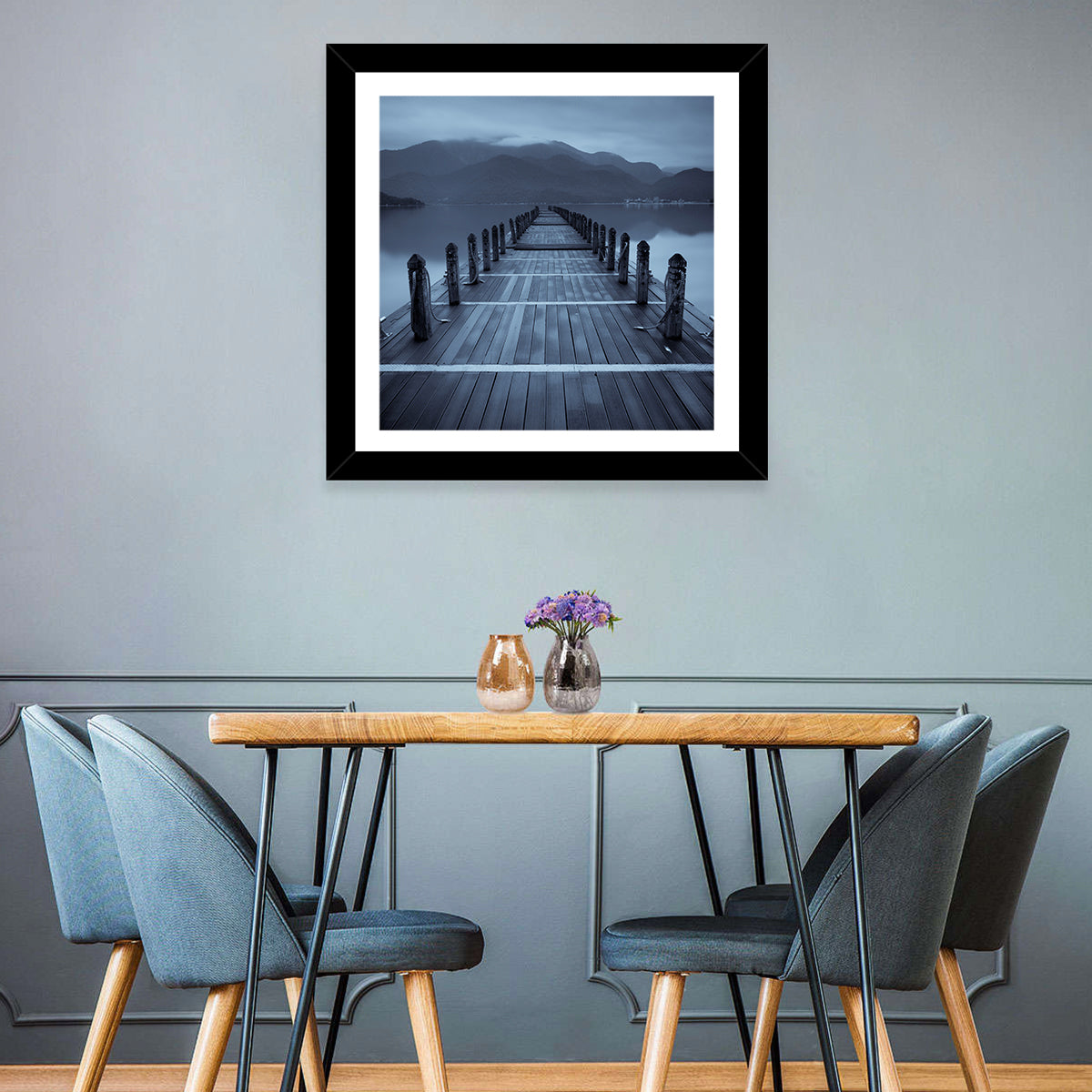 Long Lake Pier at Dusk Wall Art in a room, square
