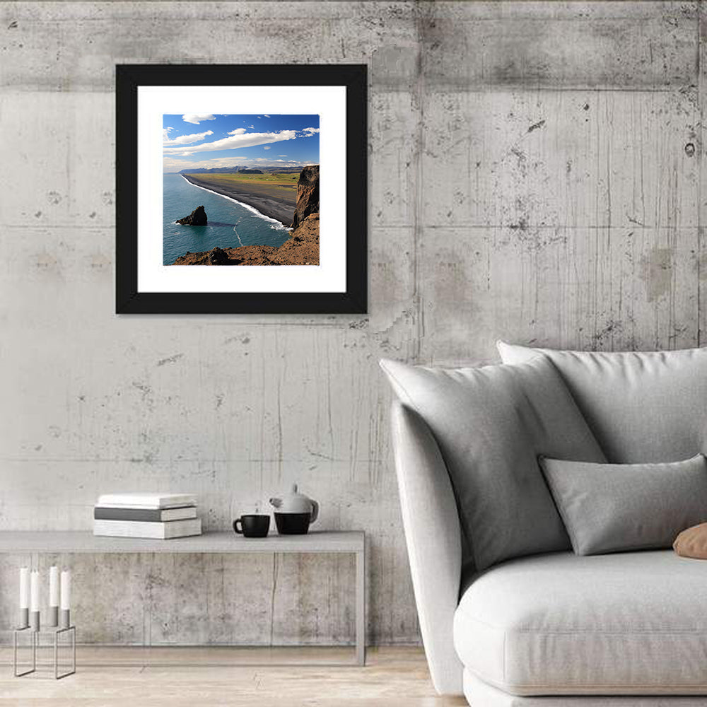 Dyrhólaey Black Sand Beach and Sea Stack Wall Art in a room, square