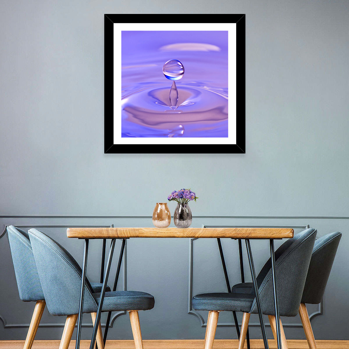 Purple Water Droplet Splash Wall Art in a room, square