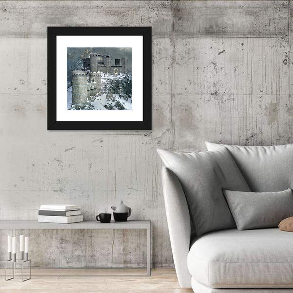 Snowy Medieval Castle Illustration Wall Art in a room, square