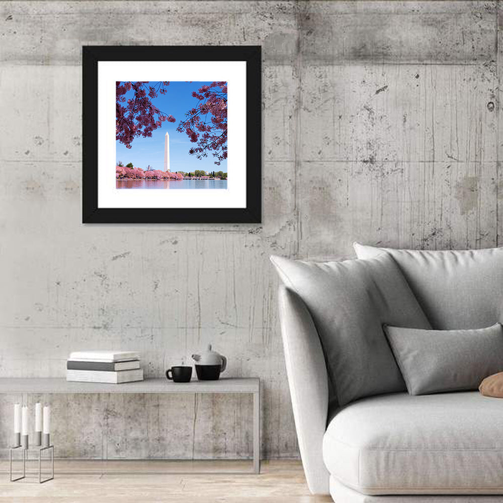 Washington Monument with Cherry Blossoms Wall Art in a room, square