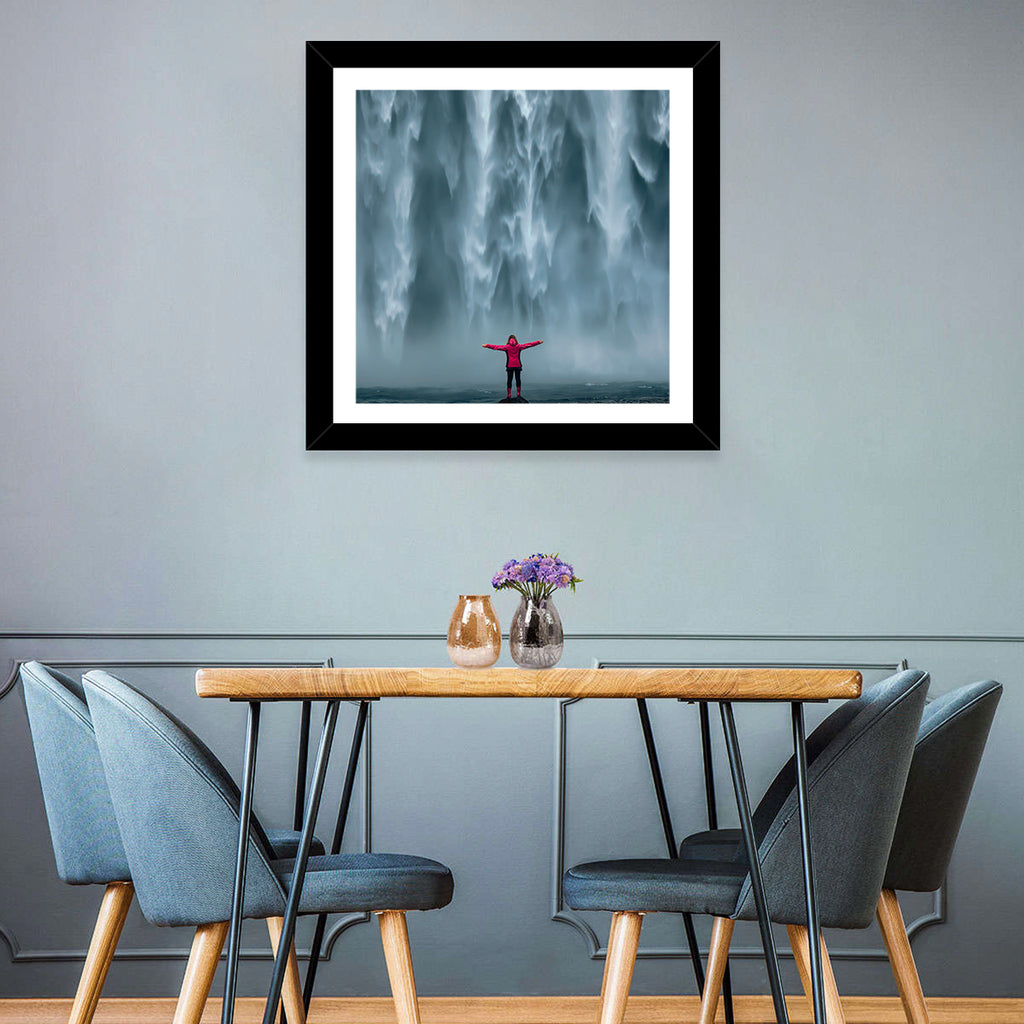 Skogafoss Waterfall with Figure in Pink Wall Art