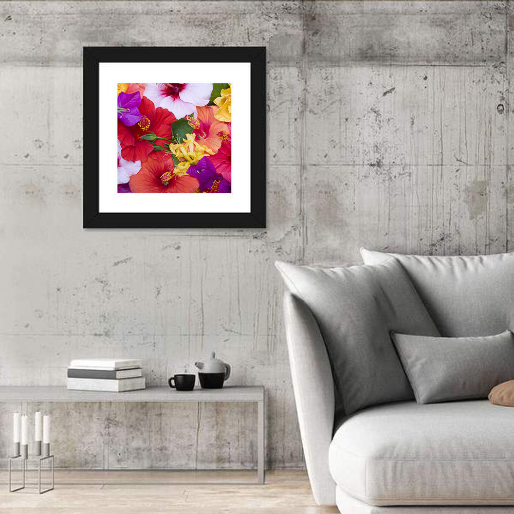 Tropical Bougainvillea and Hibiscus Bloom Wall Art in a room, square