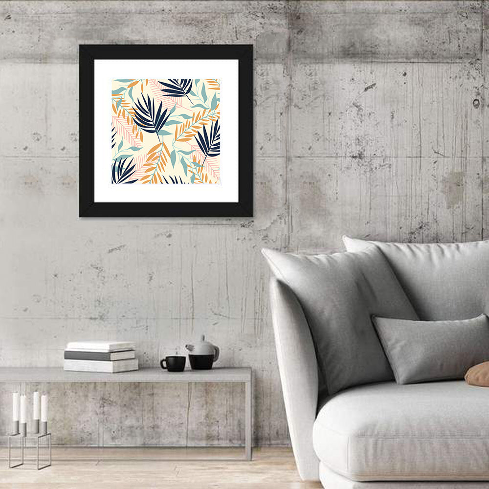 Cream and Navy Summer Leaves Pattern Wall Art