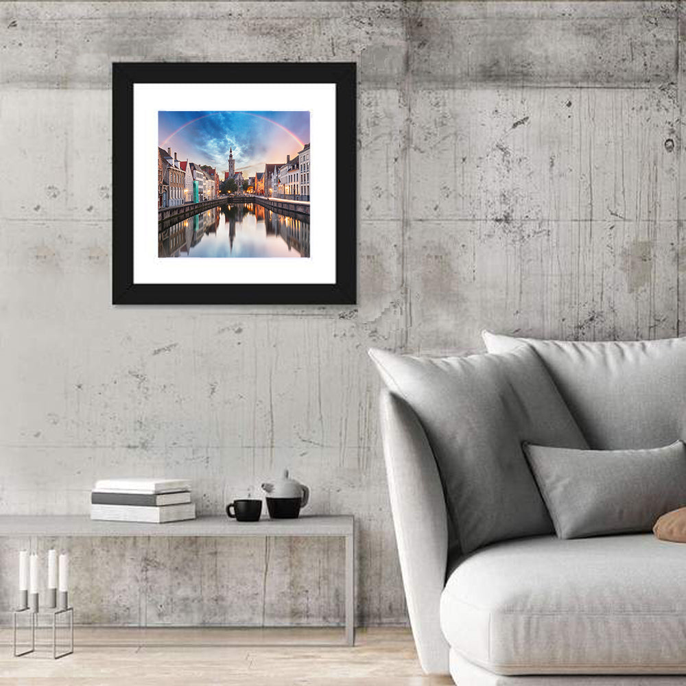 Bruges Twilight Rainbow Over Spiegelrei Canal Wall Art in a room, square