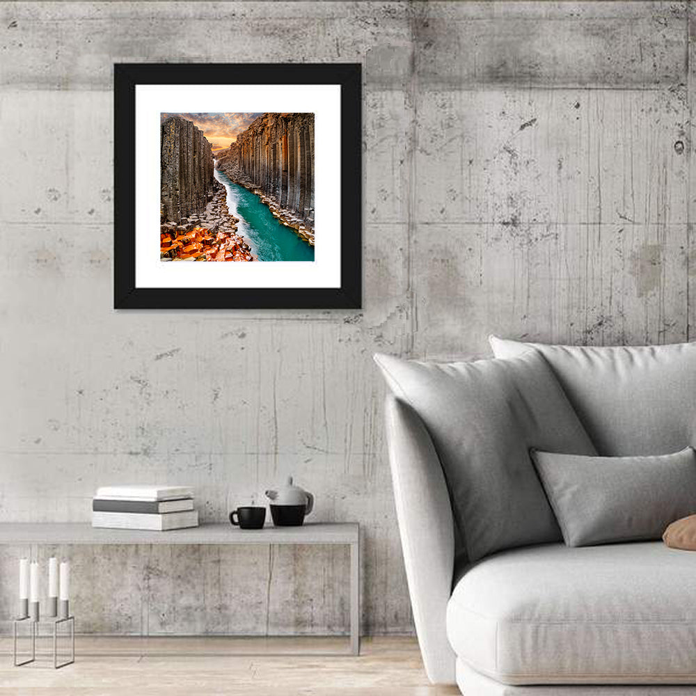 Stuðlagil Canyon Basalt Columns at Golden Hour Wall Art in a room, square