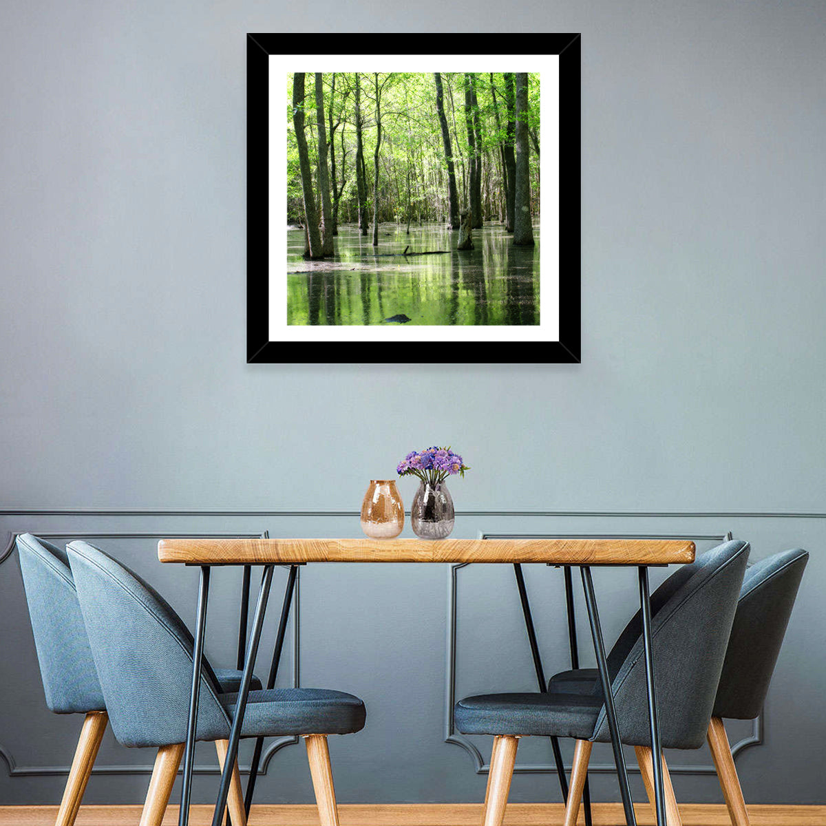 Sunlit Swamp Forest Wall Art in a room, square