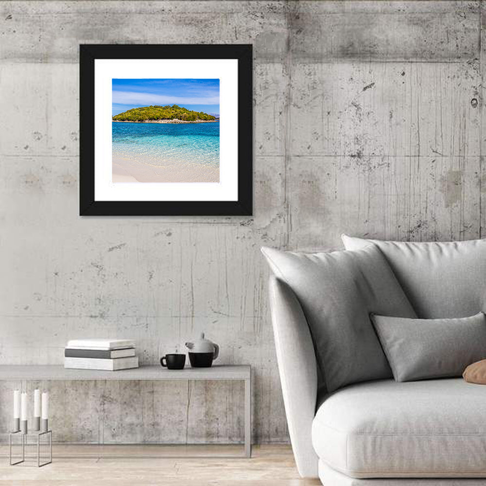 Butrint Turquoise Island Beach Wall Art in a room, square
